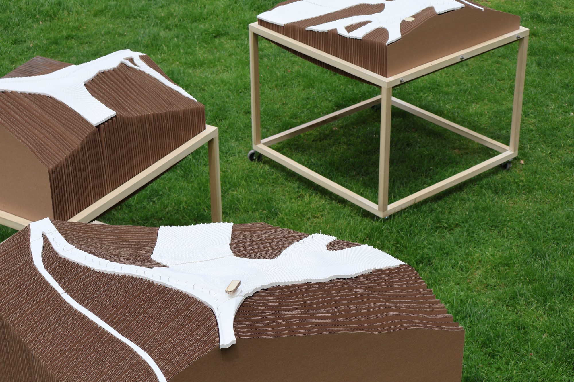 Three models on the grass seen from above, showing the graded surface