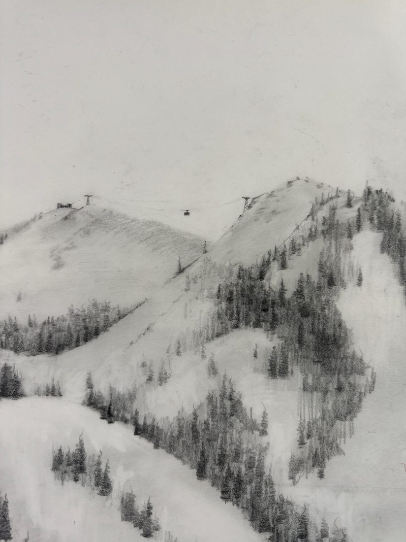 Graphite rendering of a tram line over forested ski slopes