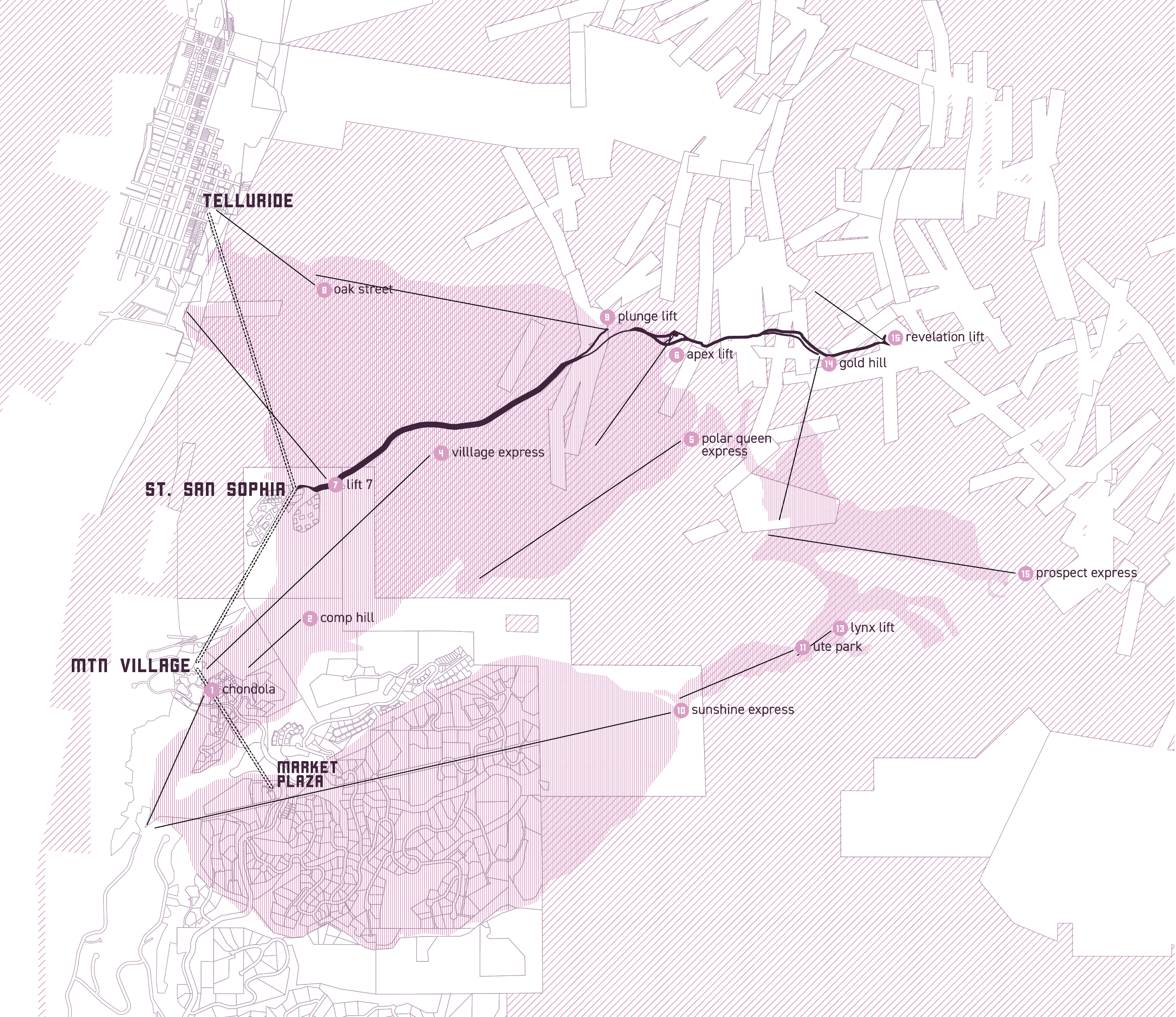 Site plan below See Forever — densified village core, new base, seed dispersal, re-grade run, access points and trails