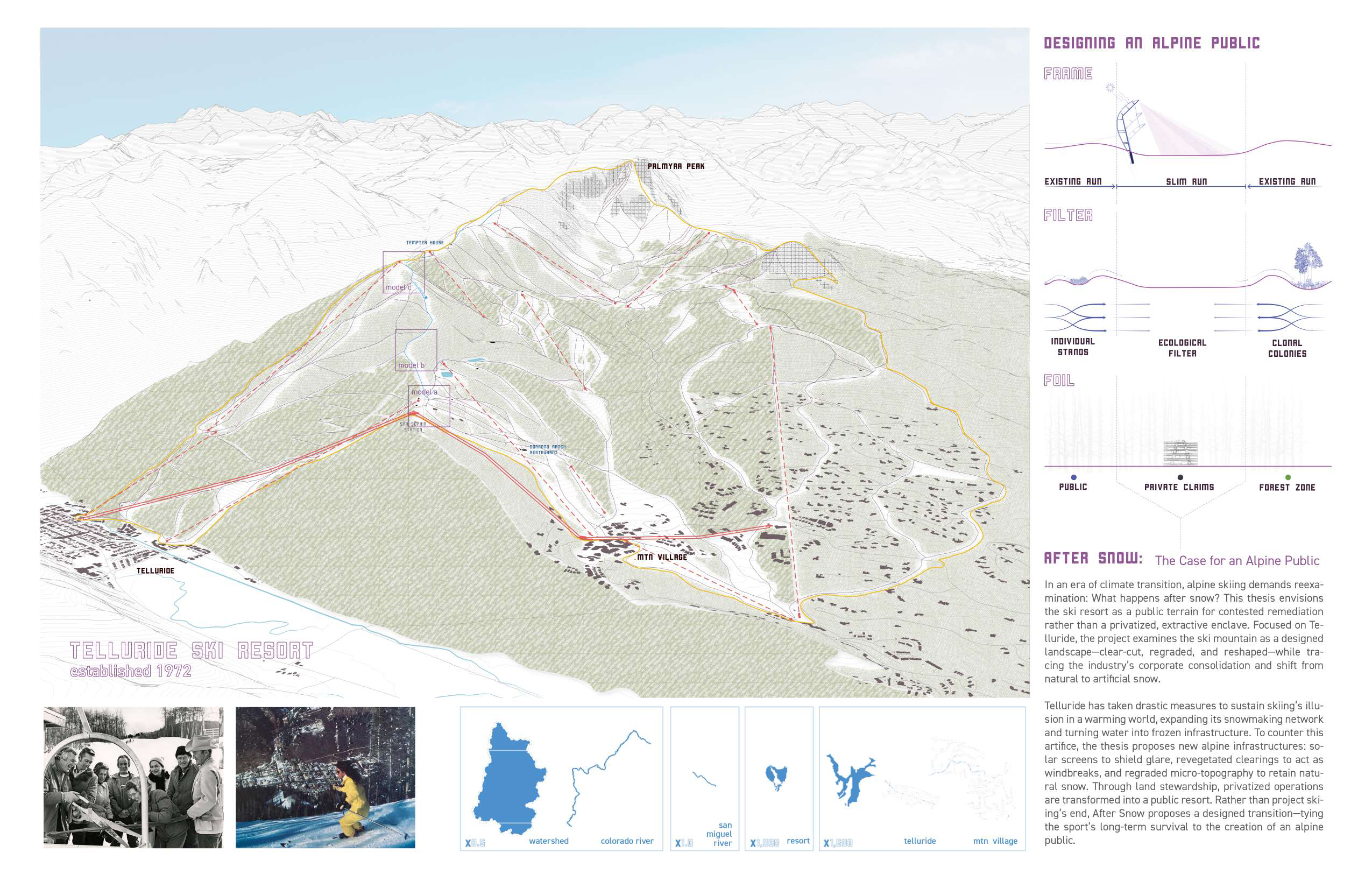 After Snow field guide, front spread — the alpine public unfolded